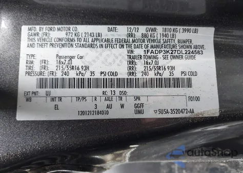 2013 Ford Focus Se from USA, damaged, VIN 1FADP3K27DL224583